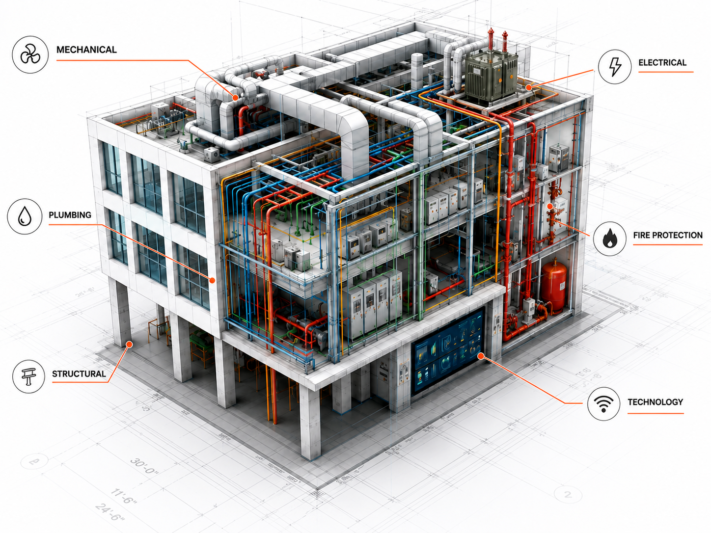 Coordinated building engineering model identifying mechanical, electrical, plumbing, structural, fire protection, and technology systems.