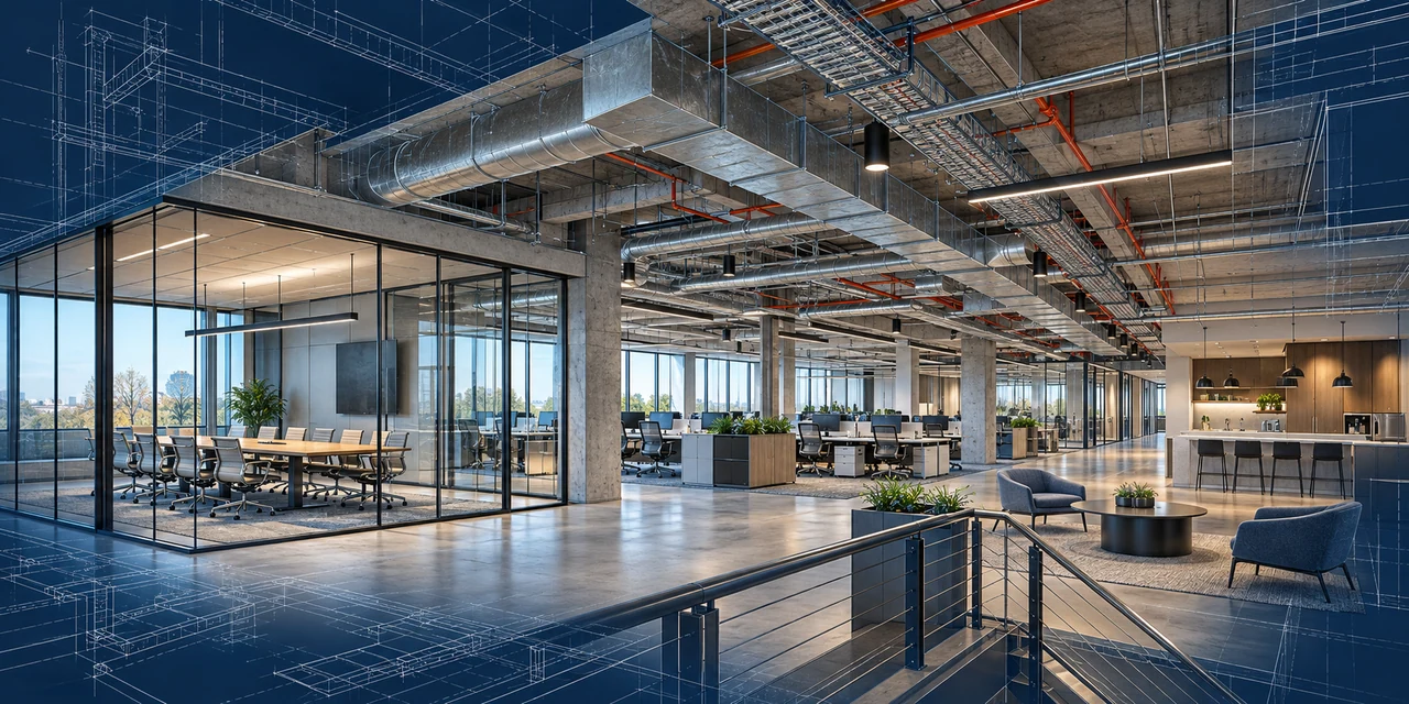 Concept artwork of a full commercial interior with exposed ductwork, cable trays, lighting, and building services, blended with fine blueprint linework.